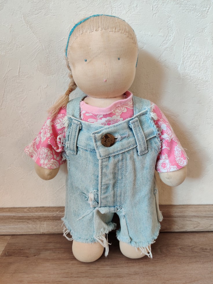 Blonde haired Steiner doll / Waldorf doll in homemade jeans.