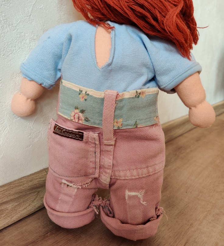 Red haired Steiner doll / Waldorf doll in homemade jeans.